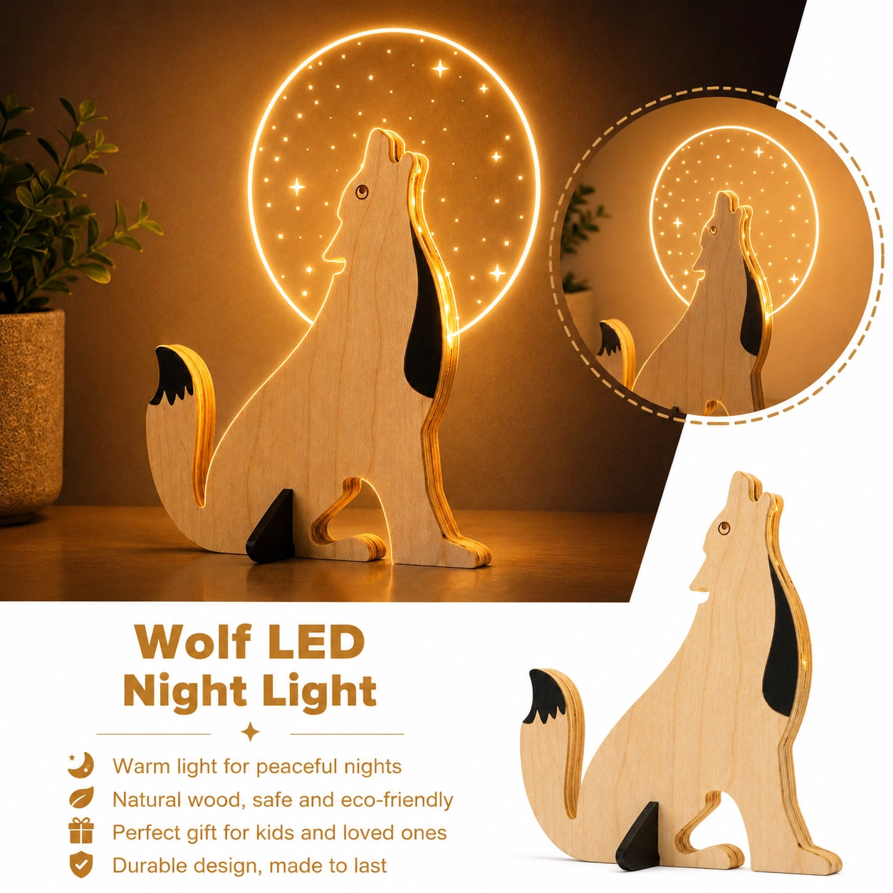 Lone Wolf Moonlit Wooden Table Lamp