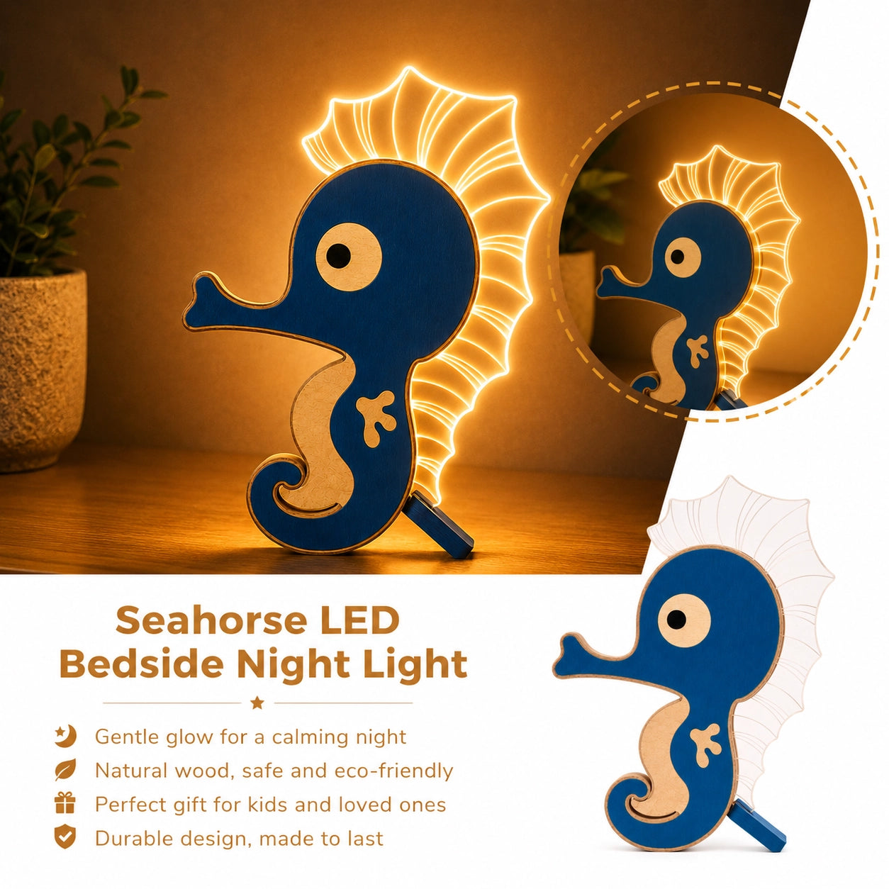 Seahorse Wooden Table Lamp lifestyle LED bedside night light