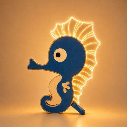 Seahorse Wooden Table Lamp glowing fan-fin LED warm ambient light