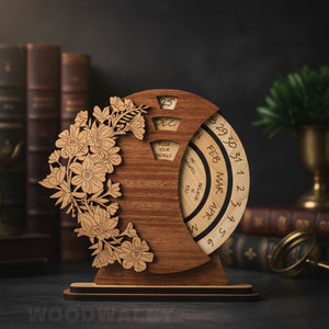 Wooden decorative item with floral design and calendar on a dark surface with books and a plant in the background.