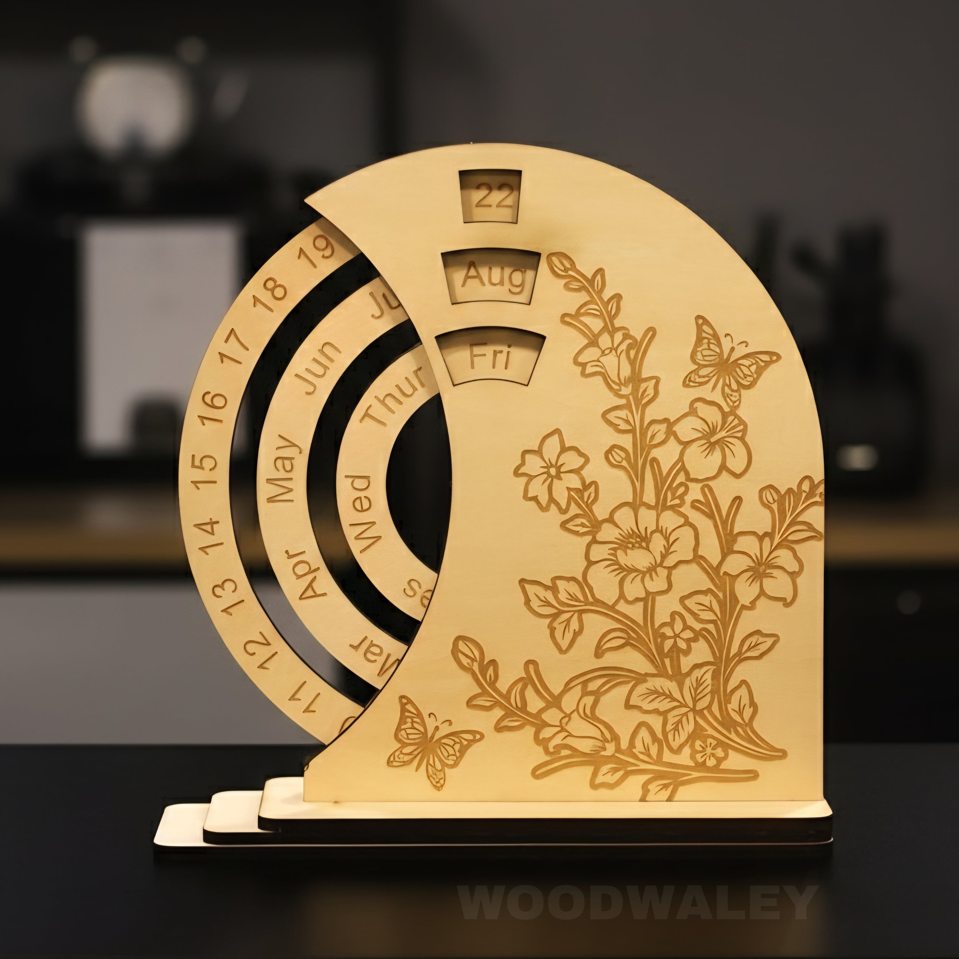 Wooden calendar with floral and butterfly design on a dark background