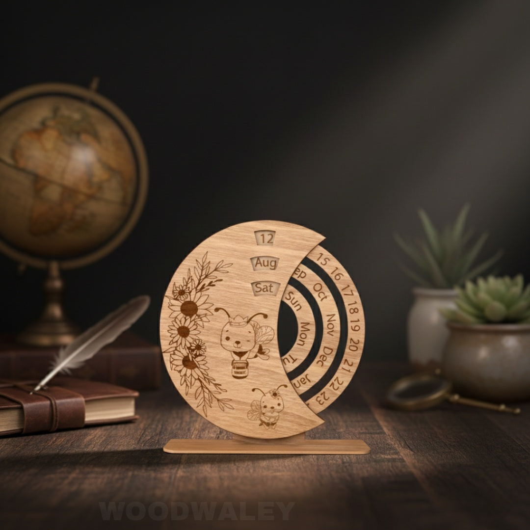 Wooden calendar with engraved design on a wooden stand, globe, book, and plants in the background.