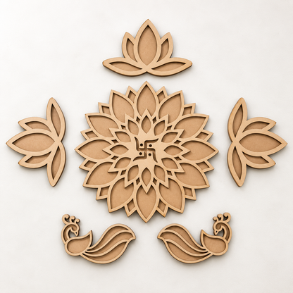 Woodwaley Rangavalli Diwali Combo (1 Swastik Rangoli, 3 Kamal Borders, 2 Mayur Borders, 5 Colours pack)