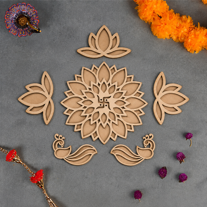 Woodwaley Rangavalli Diwali Combo (1 Swastik Rangoli, 3 Kamal Borders, 2 Mayur Borders, 5 Colours pack)