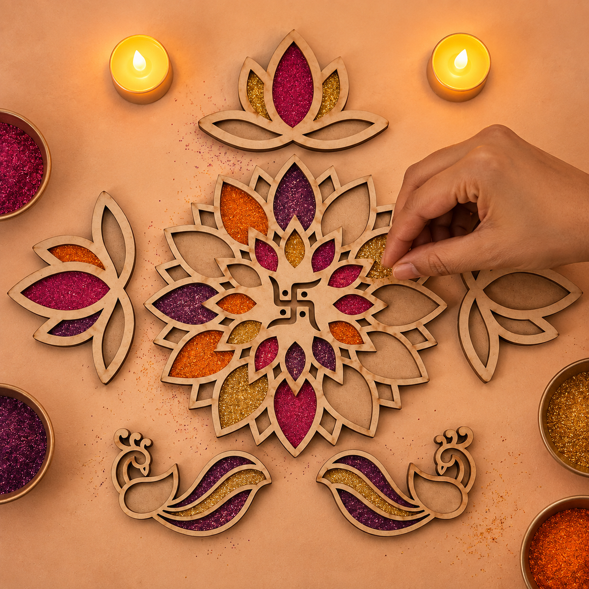 Woodwaley Rangavalli Diwali Combo (1 Swastik Rangoli, 3 Kamal Borders, 2 Mayur Borders, 5 Colours pack)