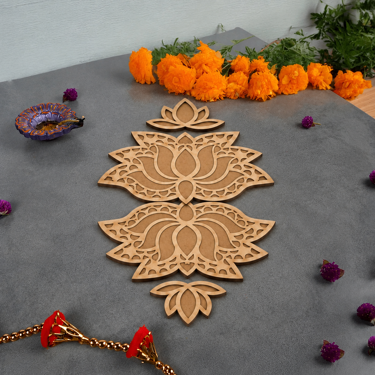 Lotus Rangavalli Diwali Combo (2 Lotus Rangoli, 2 Kamal Borders, 5 Colours pack)