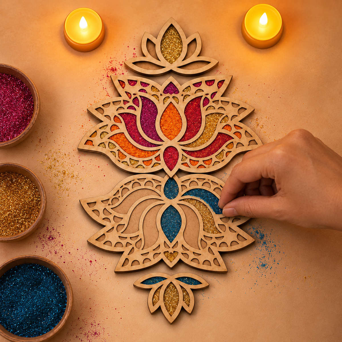 Lotus Rangavalli Diwali Combo (2 Lotus Rangoli, 2 Kamal Borders, 5 Colours pack)