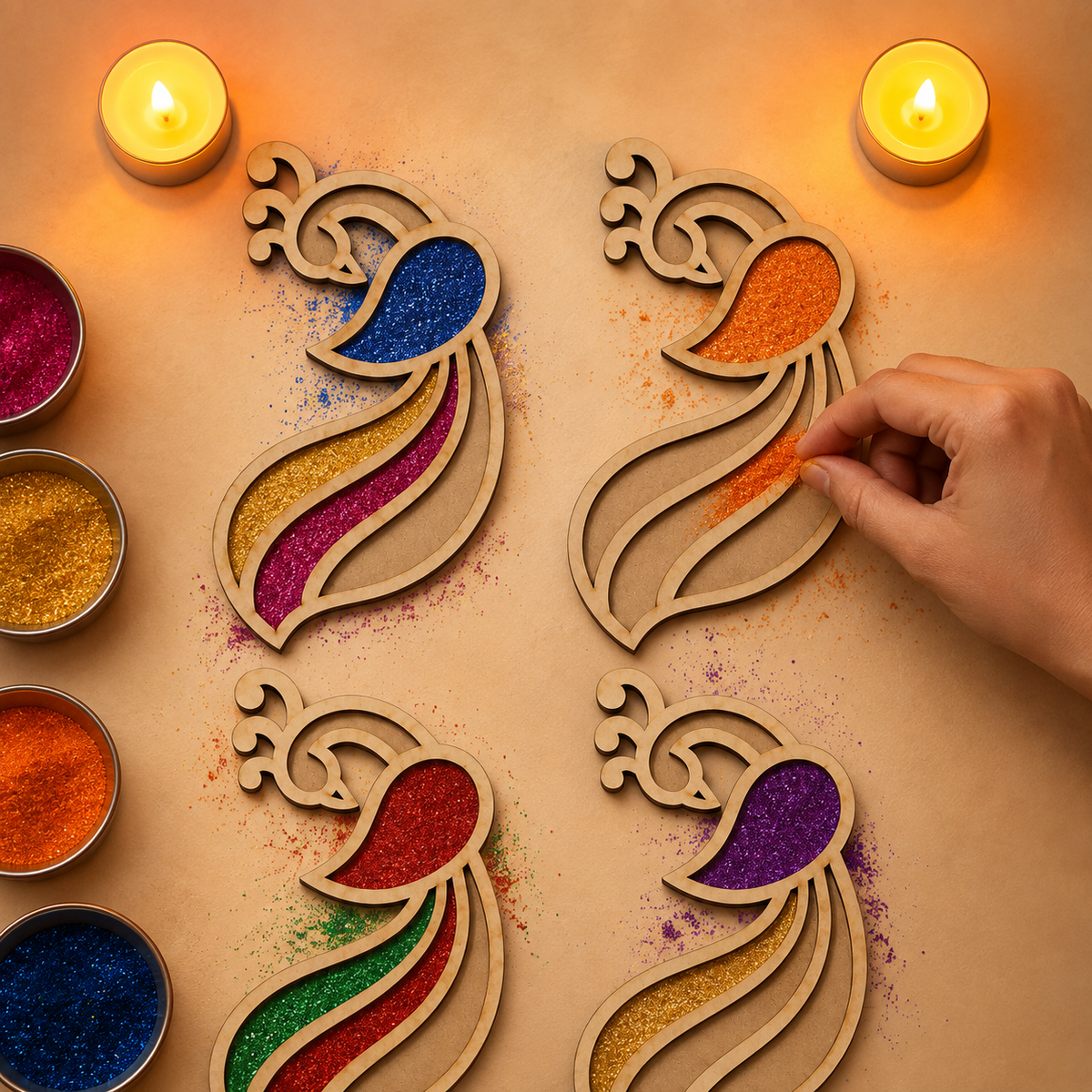 Mayur Art Wooden Rangoli (Reusable DIY Template 6 inch) pack of 4