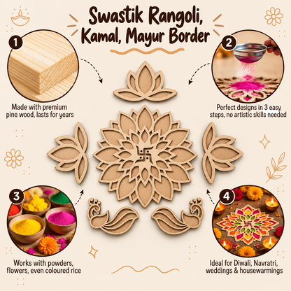 Woodwaley Rangavalli Diwali Combo (1 Swastik Rangoli, 3 Kamal Borders, 2 Mayur Borders, 5 Colours pack)