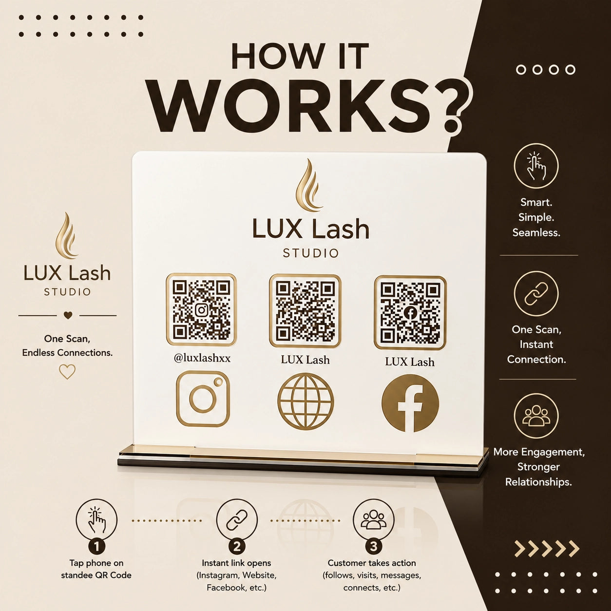 Gold Acrylic QR Code Stand — Social Media Scanner & Business Display
