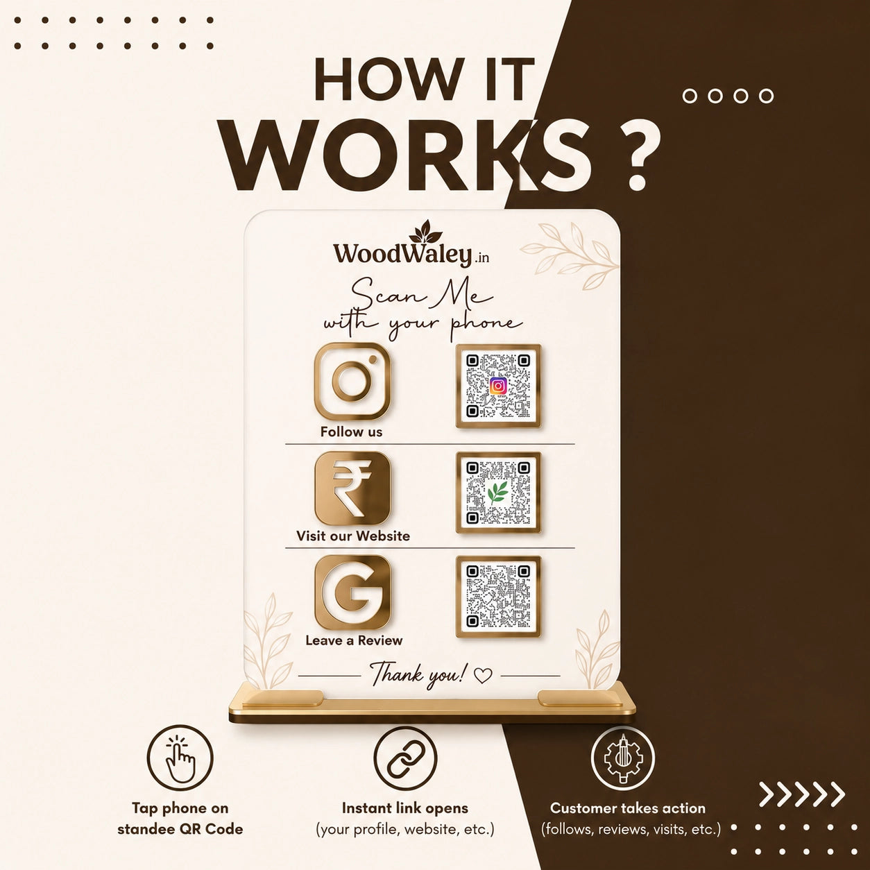 Triple QR Code Business Sign — Custom Acrylic Display Stand