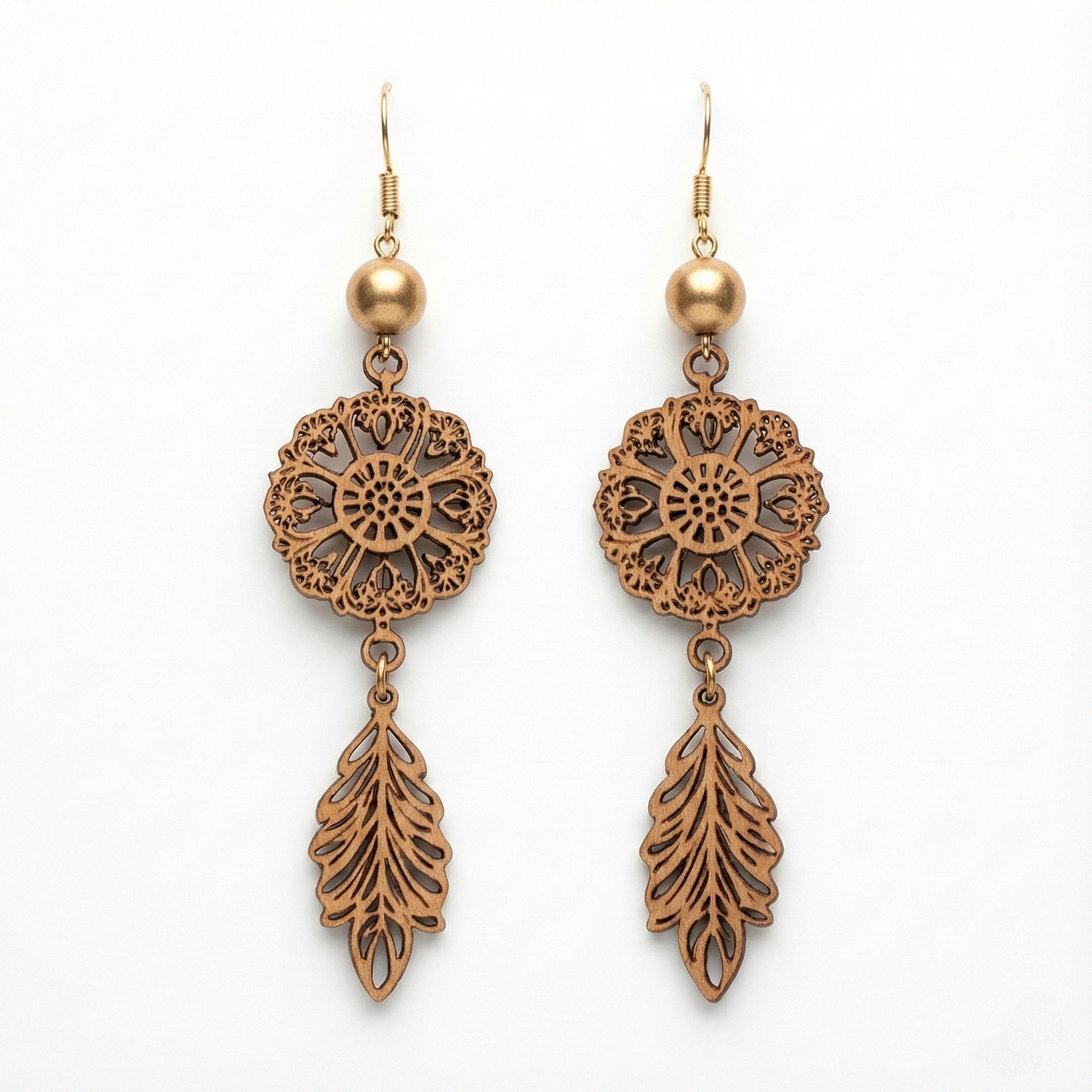 Boho Mandala with Leaf Wooden Dangle Earrings