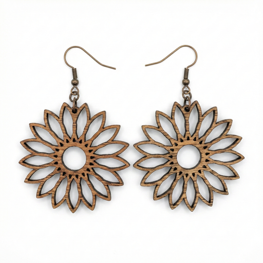 Handcrafted Sunflower Wood Earrings, Rustic Floral Dangles