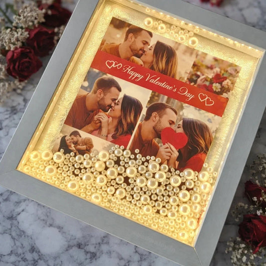 Personalised LED pearl photo frame India — illuminated engraved wooden display for couples