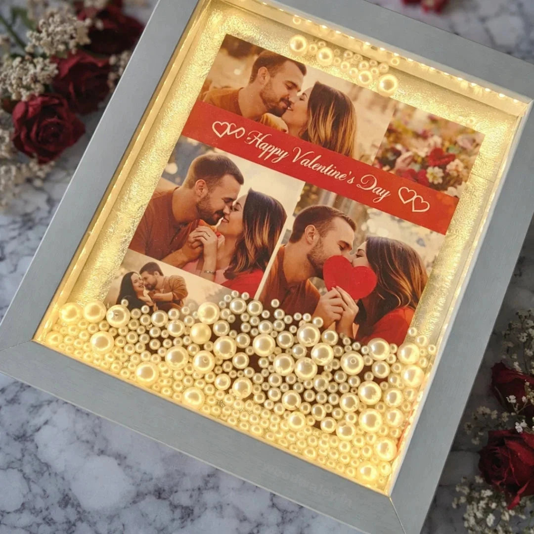Personalised LED pearl photo frame India — illuminated engraved wooden display for couples