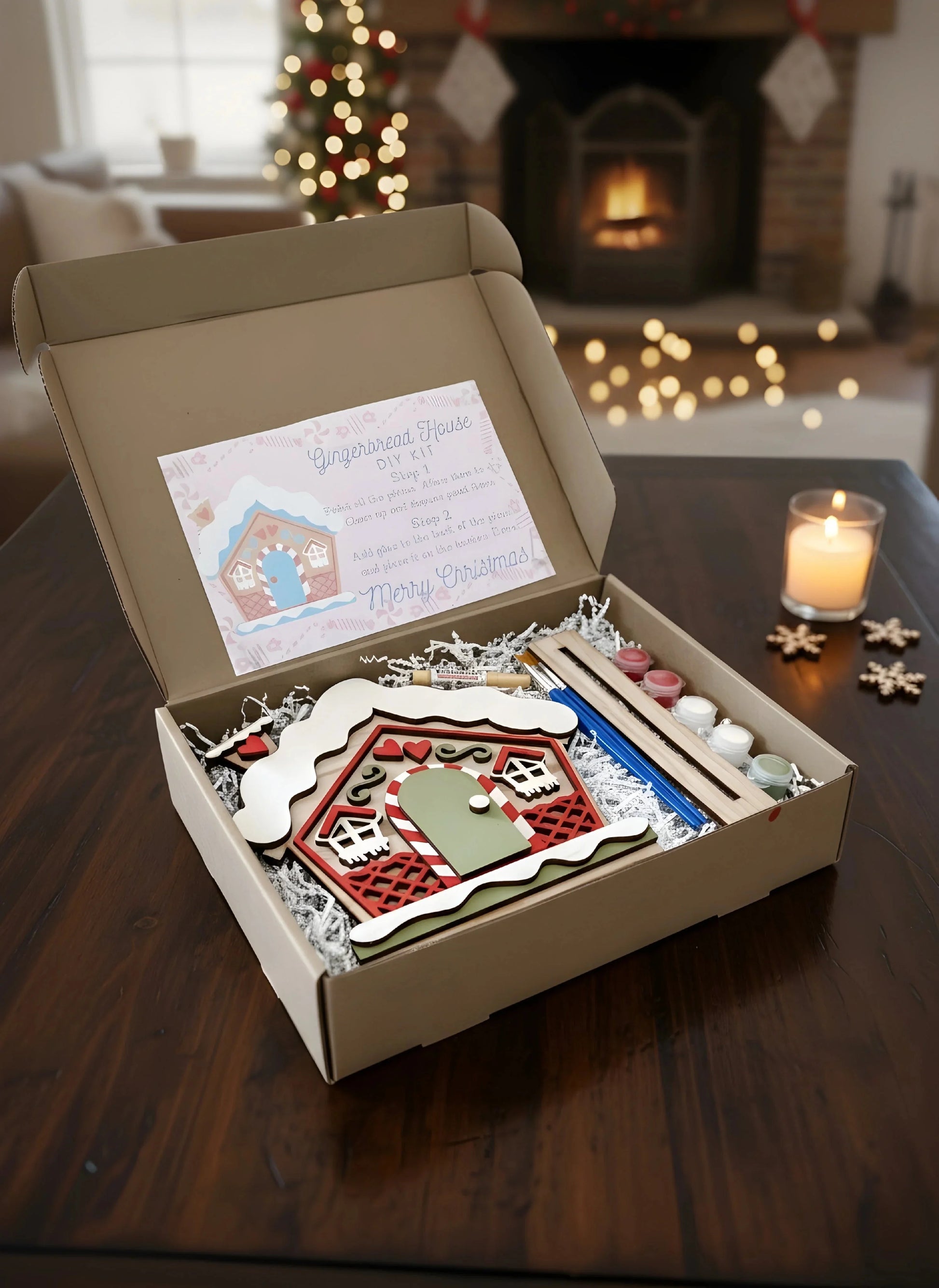 GingerBread Wooden House DIY kit With 5 colours ( 5-inch Size) — Christmas Wooden Gift | Woodwaley