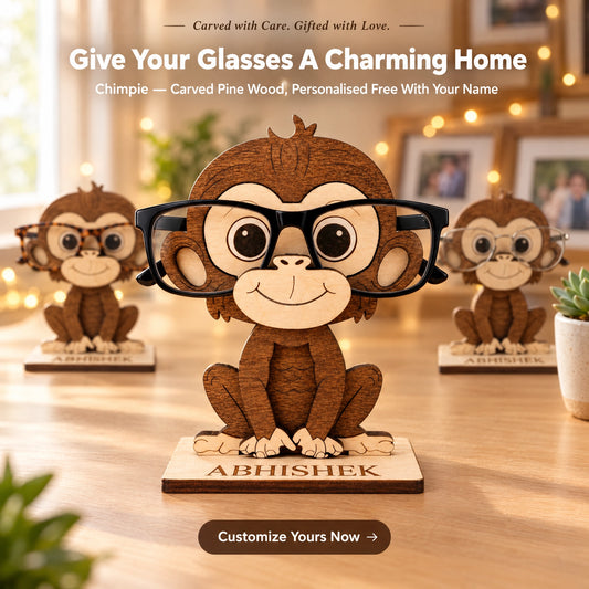 Chimpie The Spec Keeper — Carved Wooden Eyeglass Stand for Desk, Gifting