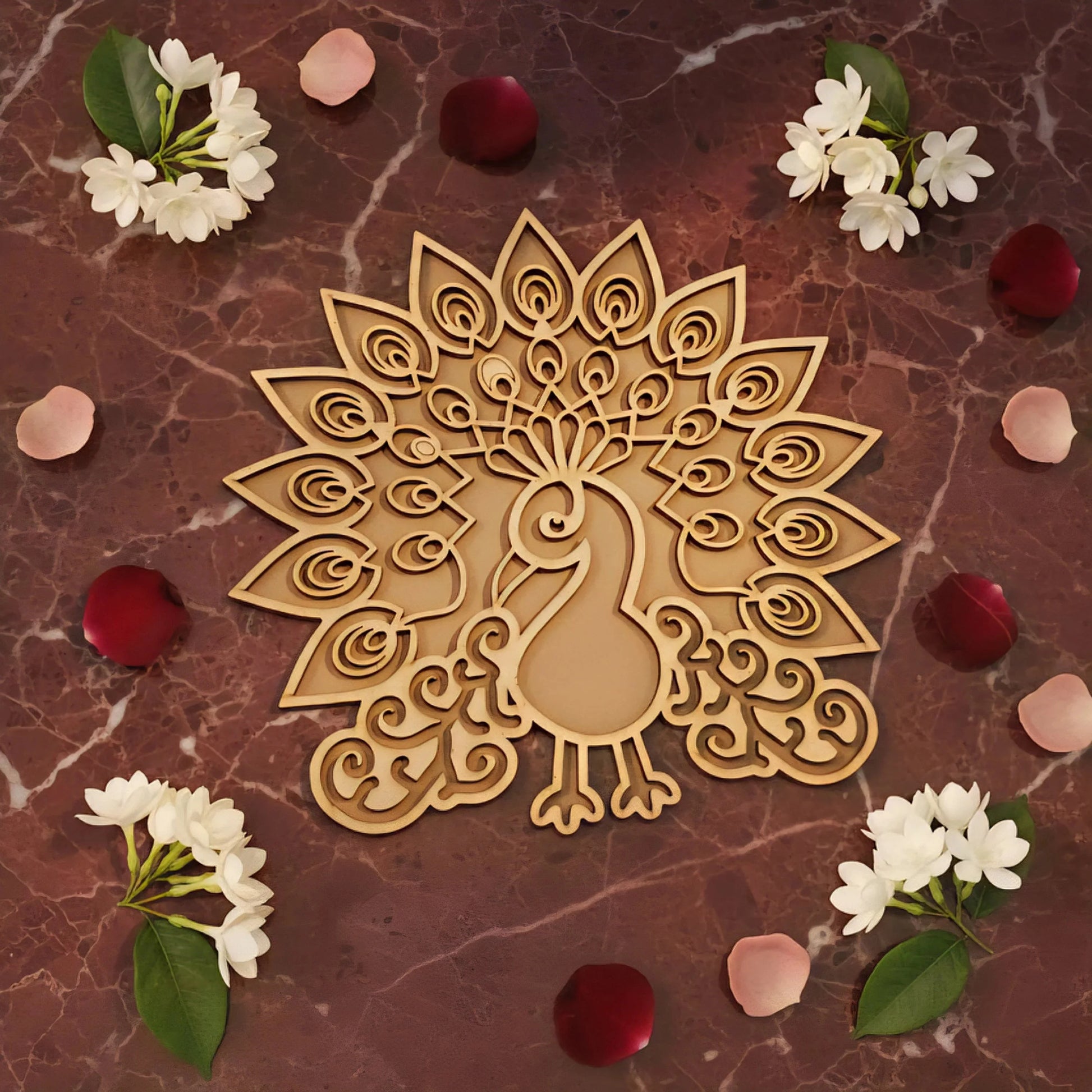 Peacock Art Wooden Rangoli (Reusable DIY Template) — Diwali Wooden Gift | Woodwaley