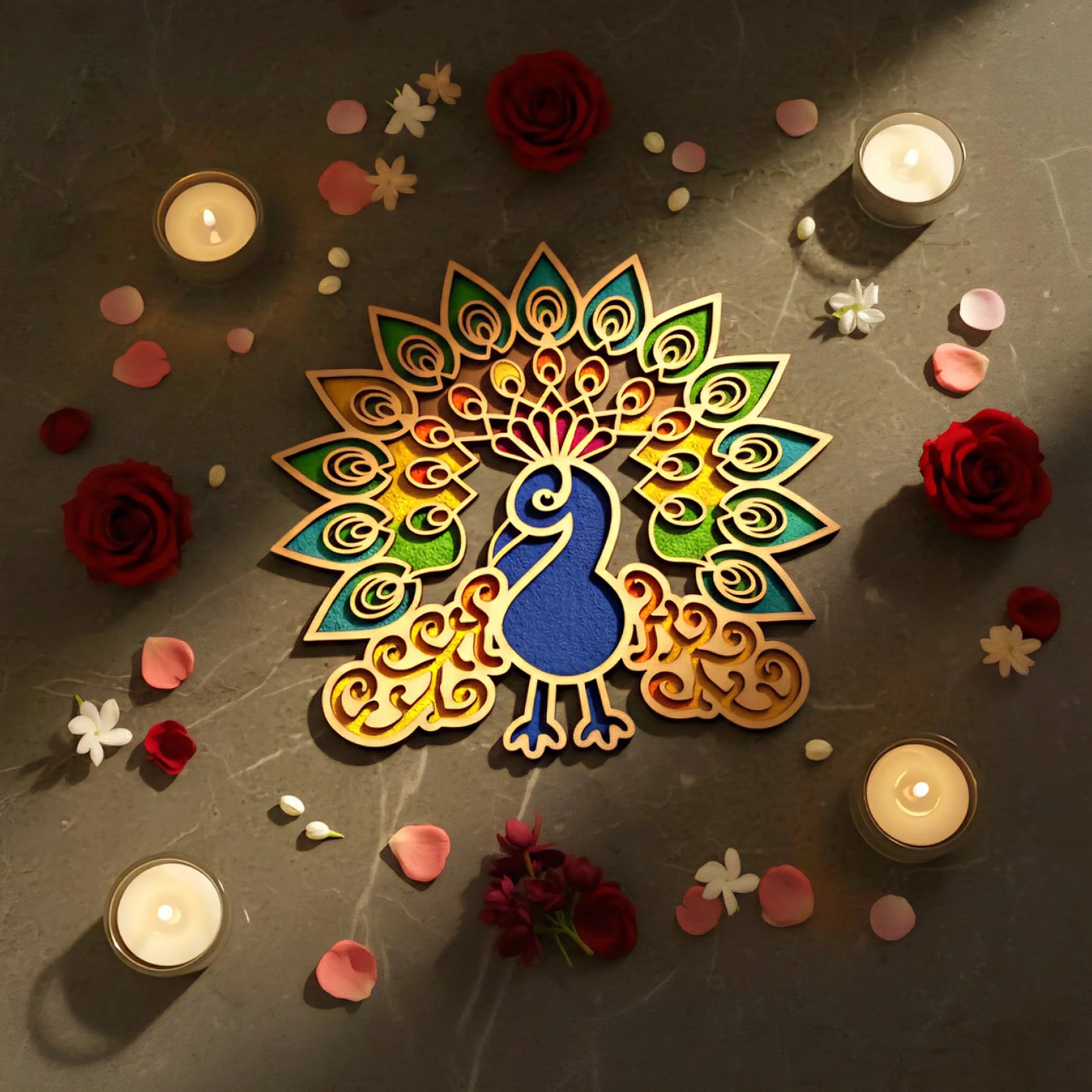 Peacock Art Wooden Rangoli (Reusable DIY Template) — Diwali Wooden Gift | Woodwaley