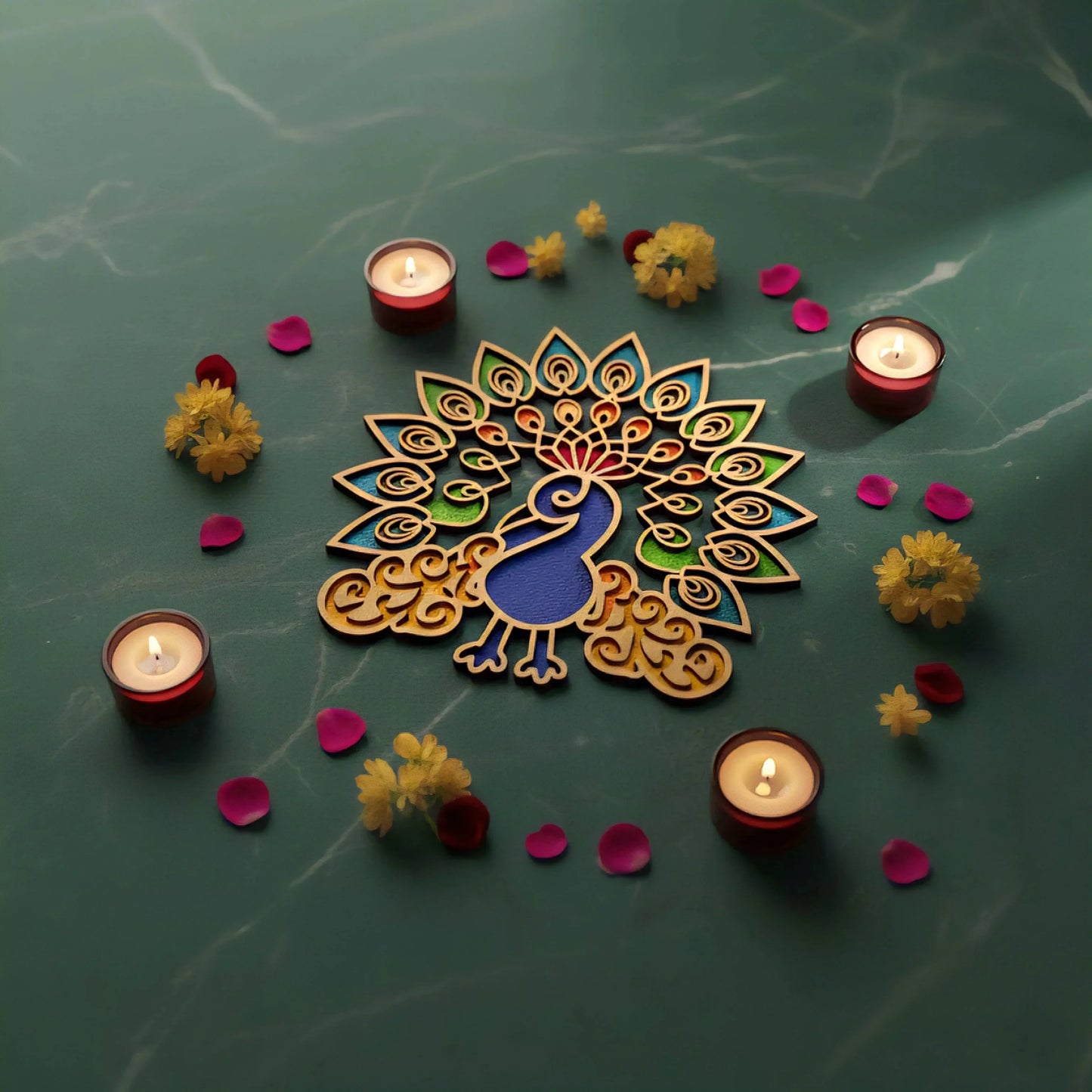 Peacock Art Wooden Rangoli (Reusable DIY Template) — Diwali Wooden Gift | Woodwaley