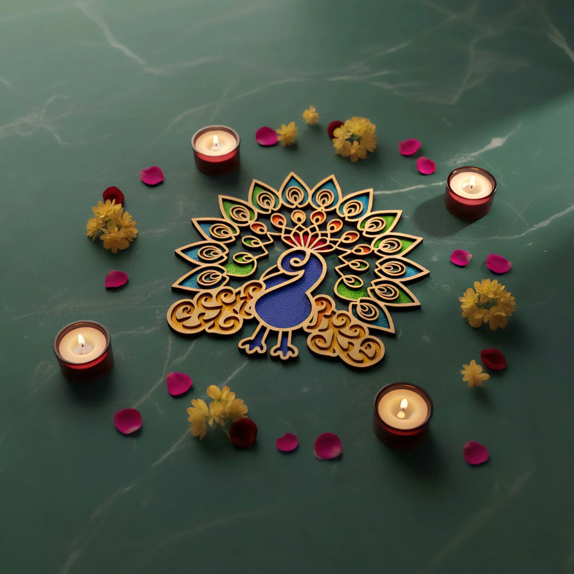Peacock Art Wooden Rangoli (Reusable DIY Template) — Diwali Wooden Gift | Woodwaley