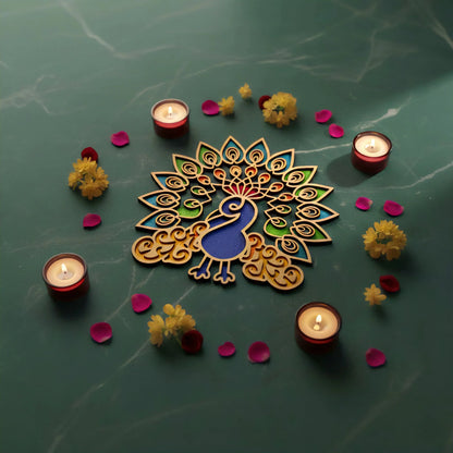 Peacock Art Wooden Rangoli (Reusable DIY Template) — Diwali Wooden Gift | Woodwaley