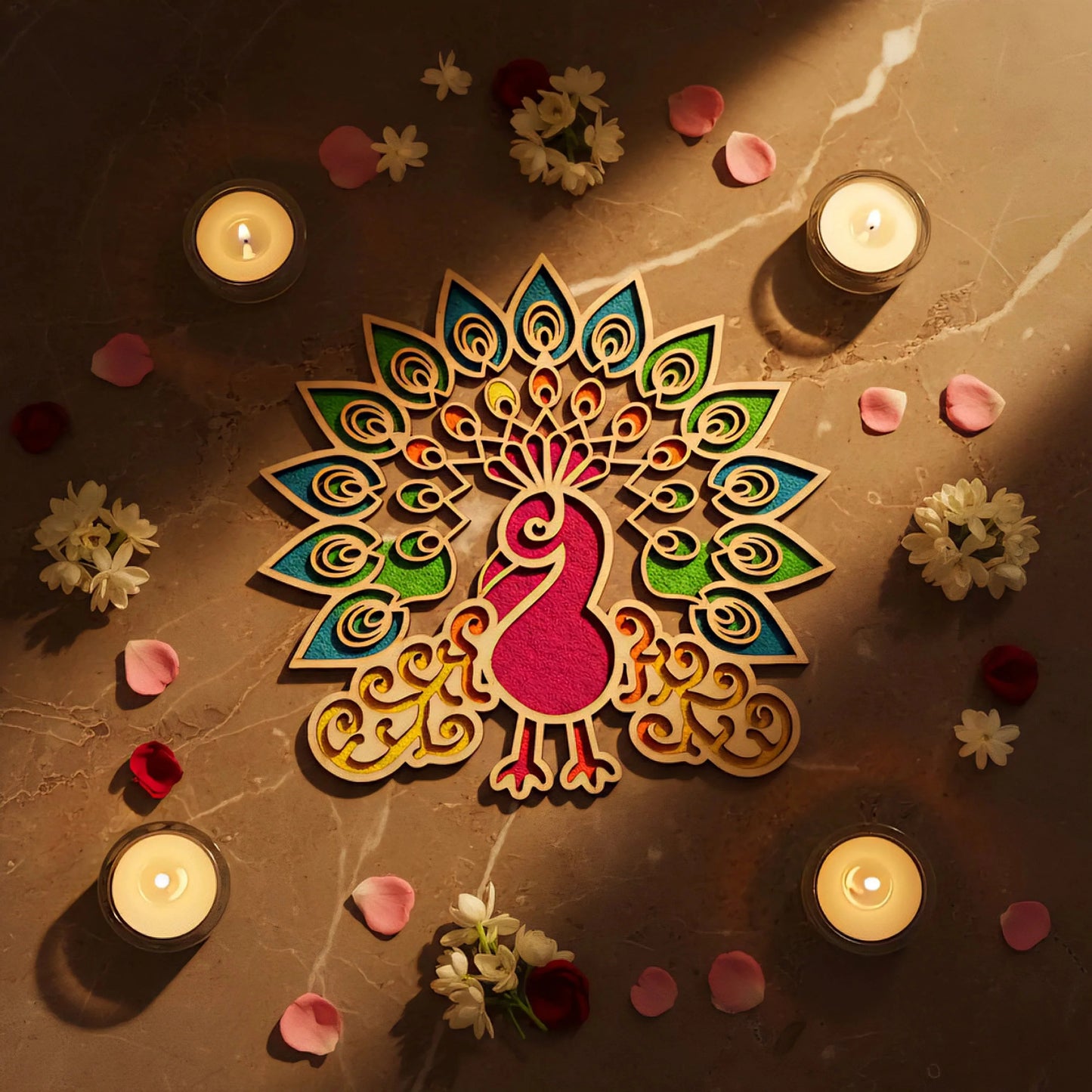 Peacock Art Wooden Rangoli (Reusable DIY Template) — Diwali Wooden Gift | Woodwaley