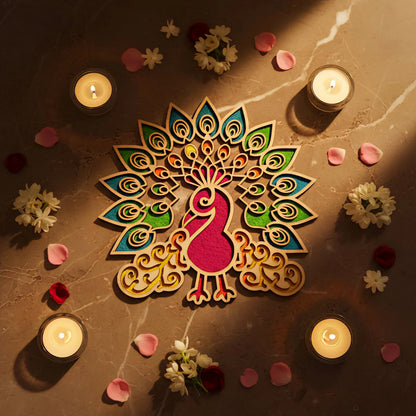 Peacock Art Wooden Rangoli (Reusable DIY Template) — Diwali Wooden Gift | Woodwaley