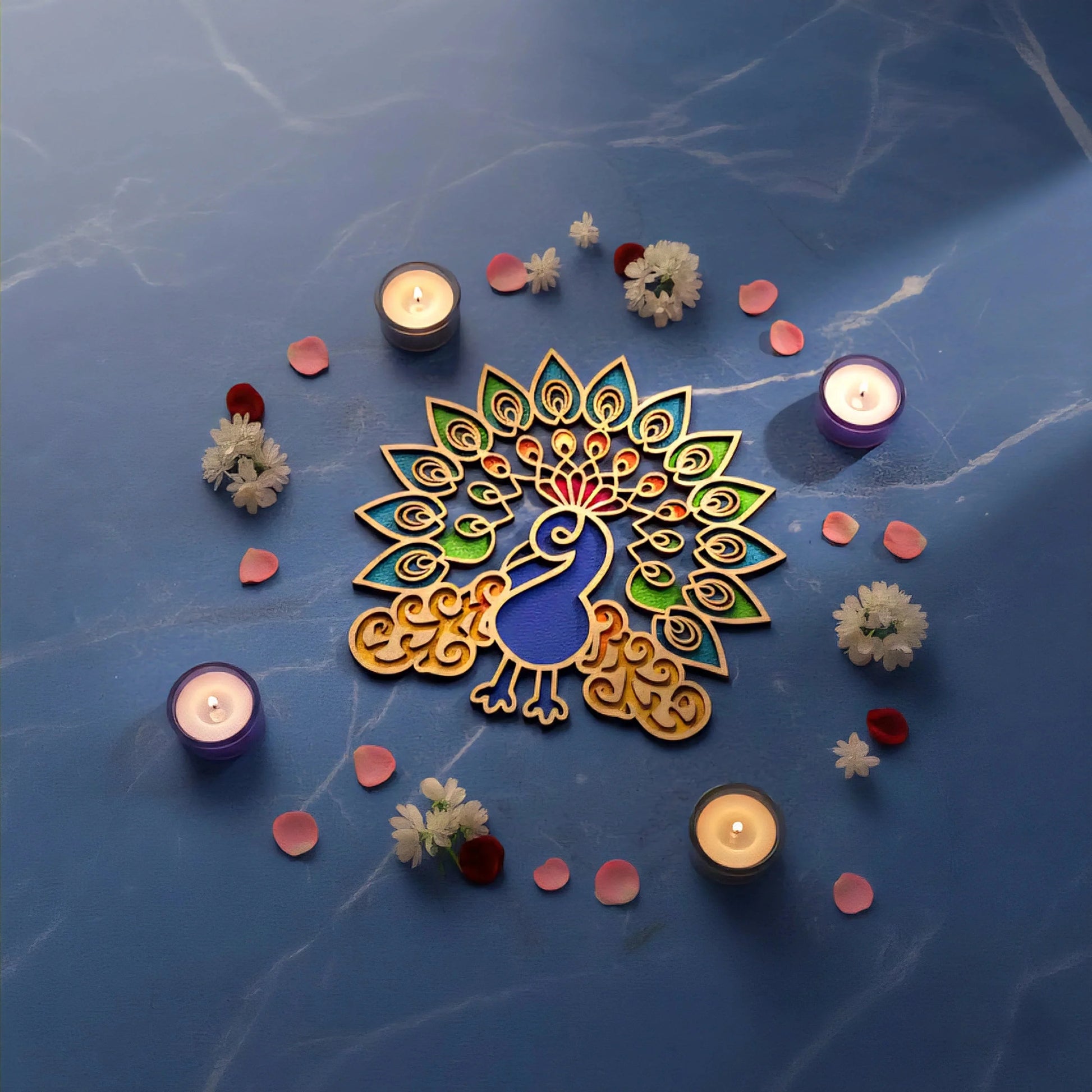 Peacock Art Wooden Rangoli (Reusable DIY Template) — Diwali Wooden Gift | Woodwaley