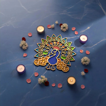 Peacock Art Wooden Rangoli (Reusable DIY Template) — Diwali Wooden Gift | Woodwaley