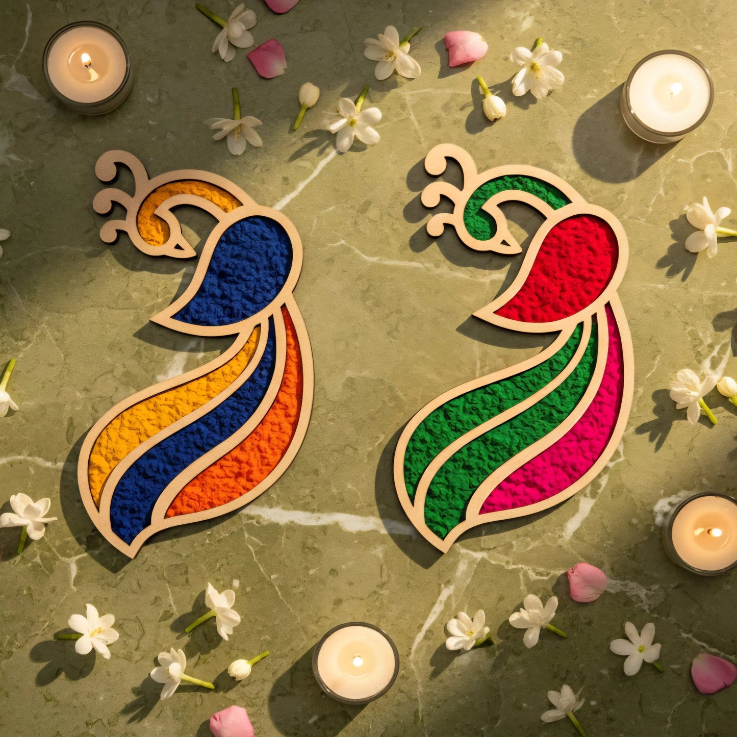 Mayur Art Wooden Rangoli (Reusable DIY Template 6 inch) pack of 4 — Diwali Wooden Gift | Woodwaley