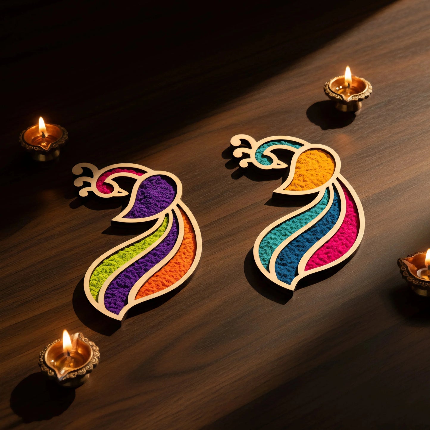 Mayur Art Wooden Rangoli (Reusable DIY Template 6 inch) pack of 4 — Diwali Wooden Gift | Woodwaley