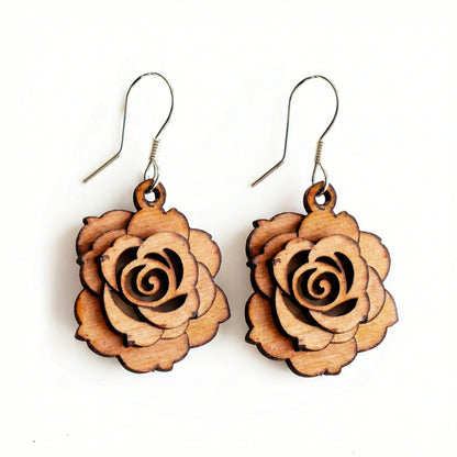 3D Wooden Rose Earrings: Sterling Silver Hooks, Floral Jewelry
