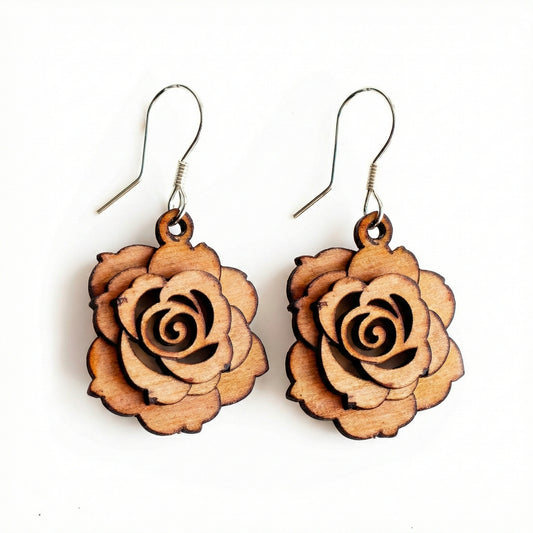 3D Wooden Rose Earrings: Sterling Silver Hooks, Floral Jewelry