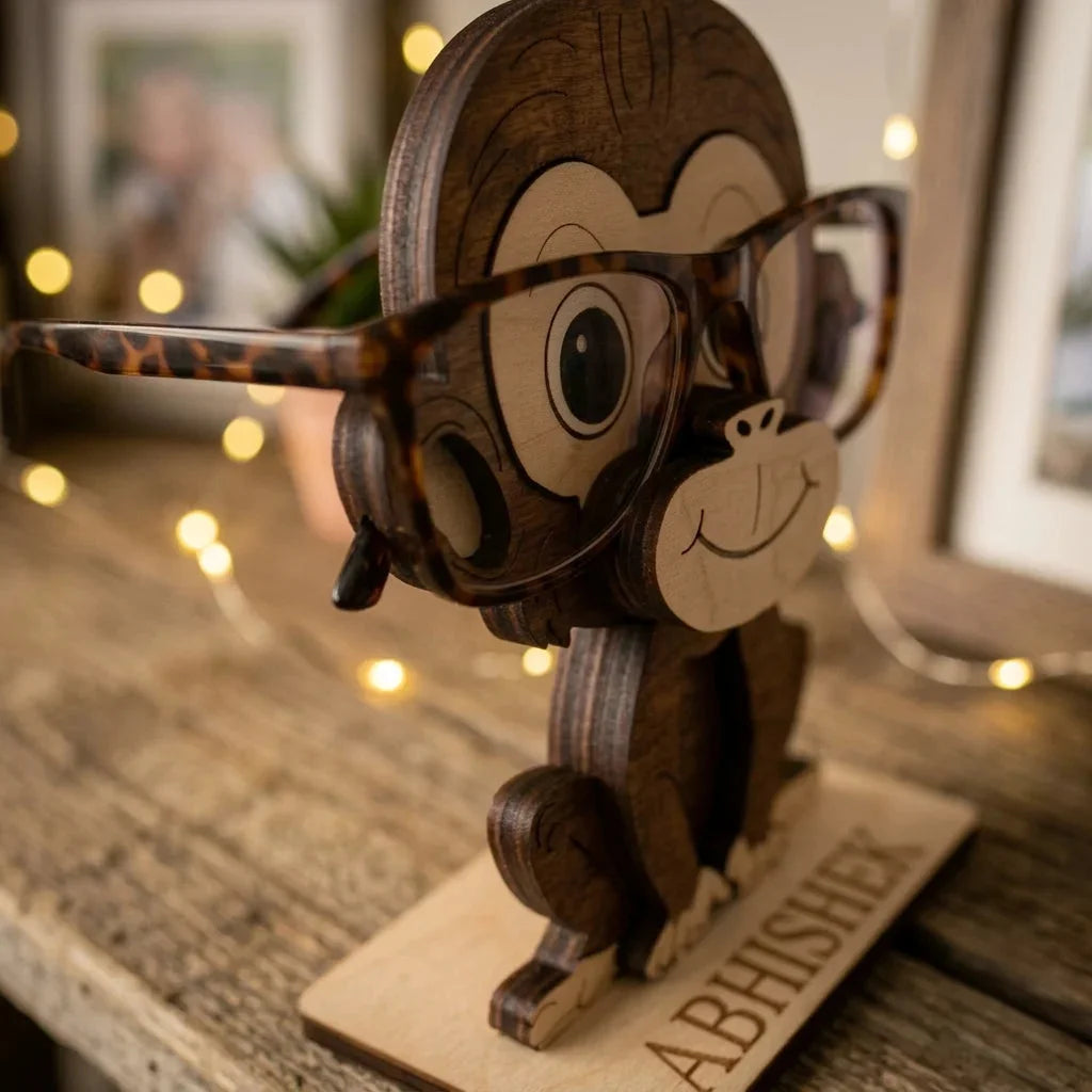 Chimpie The Spec Keeper — Carved Wooden Eyeglass Stand for Desk, Gifting — Custom Wooden Keepsake | Woodwaley