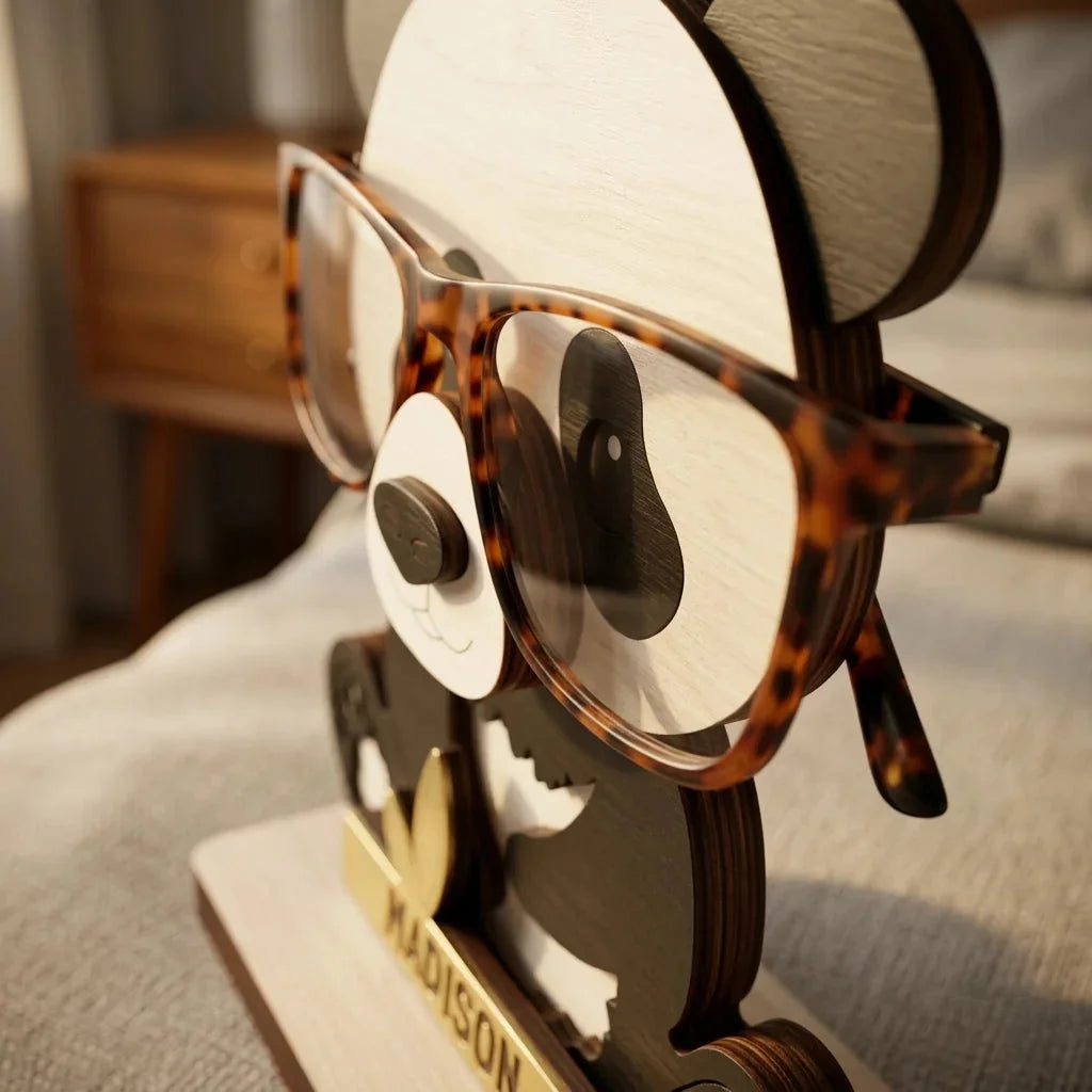 Uncle Panda The Spec Keeper — Carved Wooden Eyeglass Stand — Custom Wooden Keepsake | Woodwaley