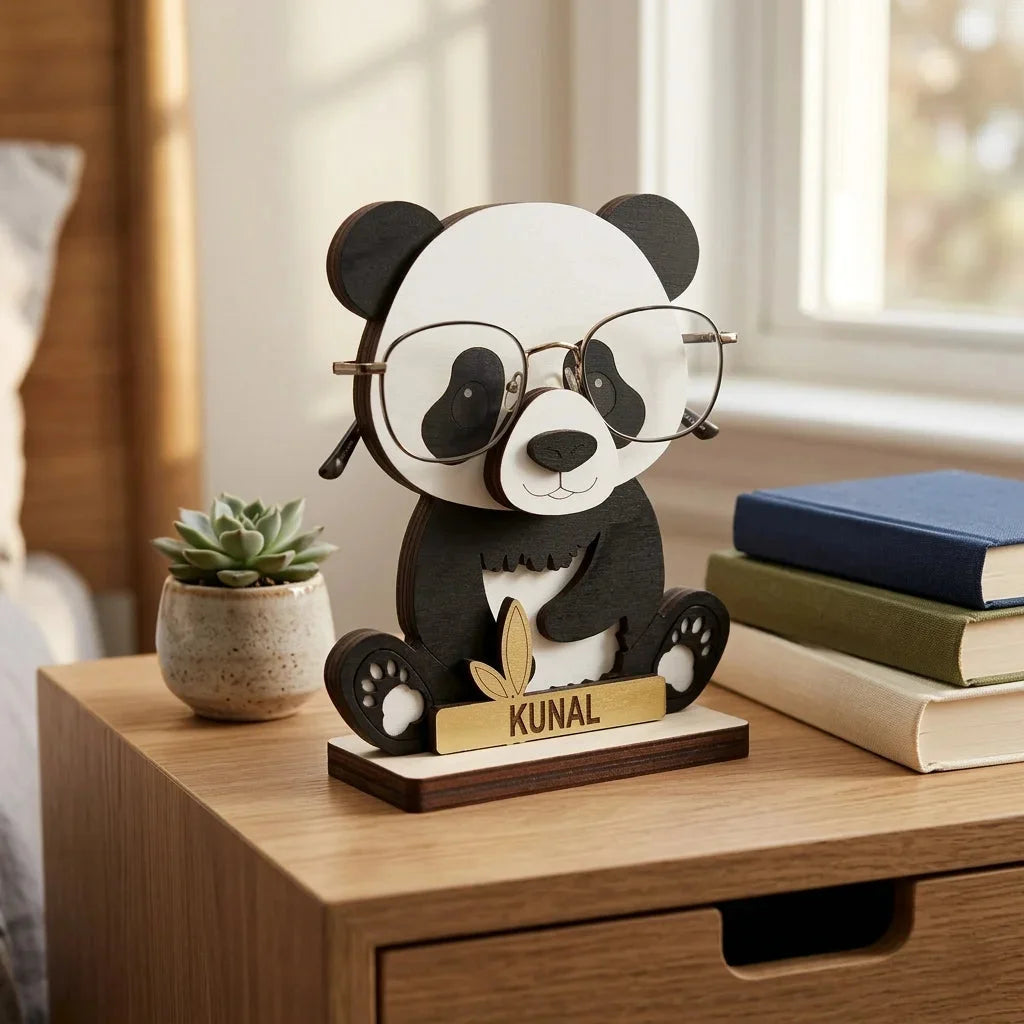 Uncle Panda The Spec Keeper — Carved Wooden Eyeglass Stand — Personalised Wooden Gift India | Woodwaley