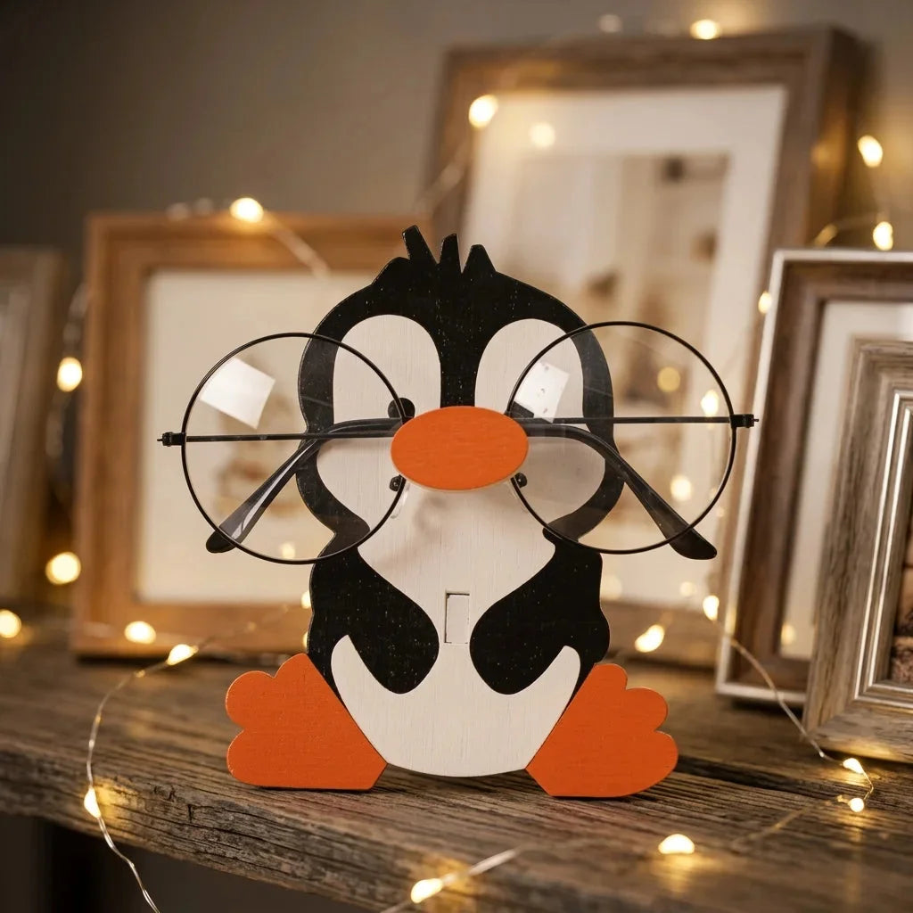 Baby Pingu The Spec Keeper — Carved Wooden Eyeglass Stand for Desk, Gifting — Custom Wooden Keepsake | Woodwaley