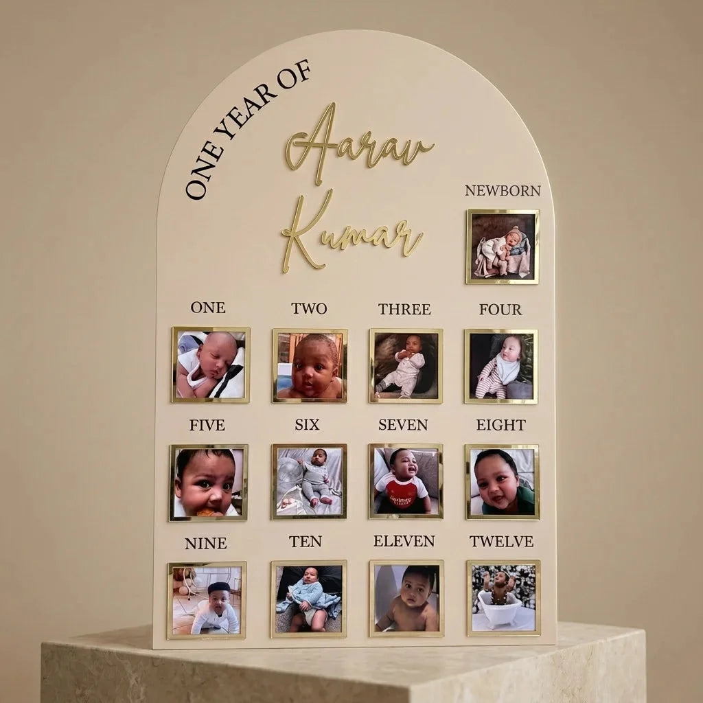 One Year Baby Photo Board — Personalized Acrylic First Birthday Keepsake — Baby Milestone Wooden Gift | Woodwaley