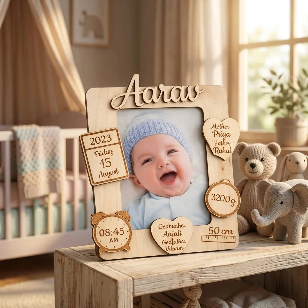 Baby Birth Details Photo Frame — Personalized Wooden Newborn Keepsake — Baby Milestone Wooden Gift | Woodwaley