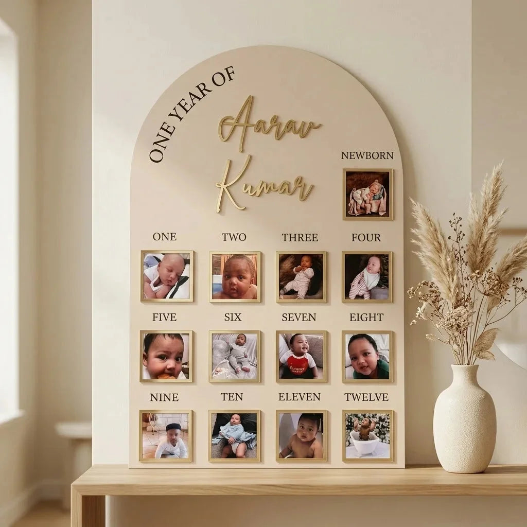 One Year Baby Photo Board — Personalized Acrylic First Birthday Keepsake — Baby Milestone Wooden Gift | Woodwaley