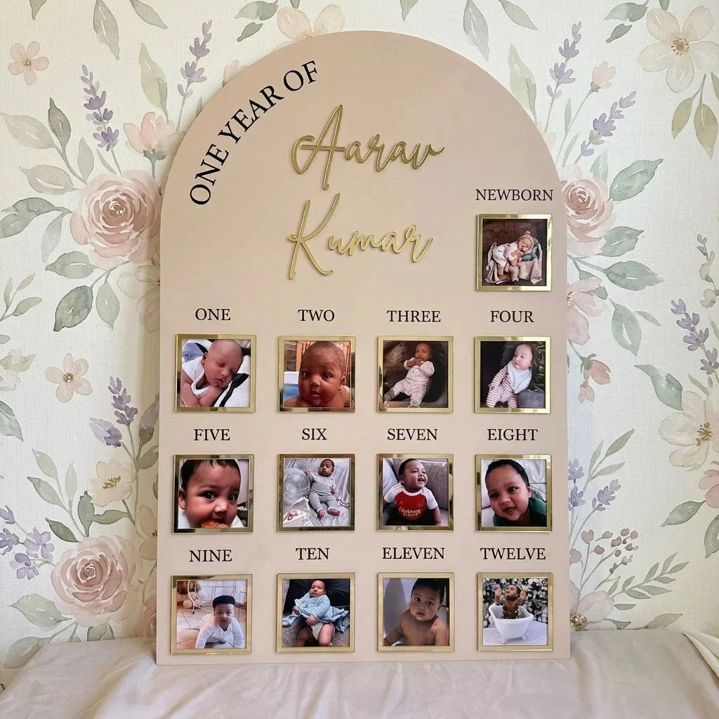 One Year Baby Photo Board — Personalized Acrylic First Birthday Keepsake — Baby Milestone Wooden Gift | Woodwaley