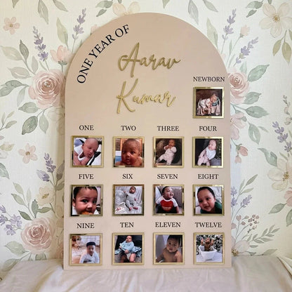 One Year Baby Photo Board — Personalized Acrylic First Birthday Keepsake — Baby Milestone Wooden Gift | Woodwaley