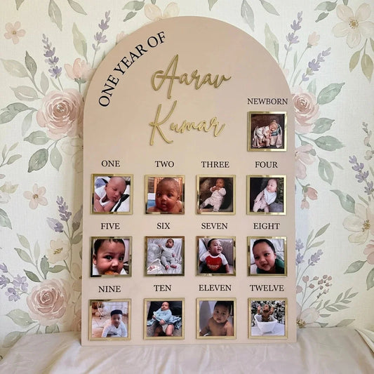 One Year Baby Photo Board — Personalized Acrylic First Birthday Keepsake — Baby Milestone Wooden Gift | Woodwaley
