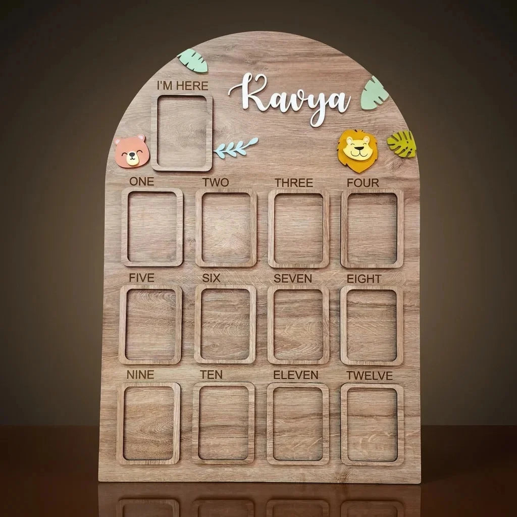 Jungle Animal First Birthday Photo Board — Personalized Wooden Display — Baby Milestone Wooden Gift | Woodwaley