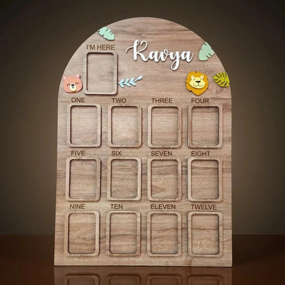 Jungle Animal First Birthday Photo Board — Personalized Wooden Display — Baby Milestone Wooden Gift | Woodwaley