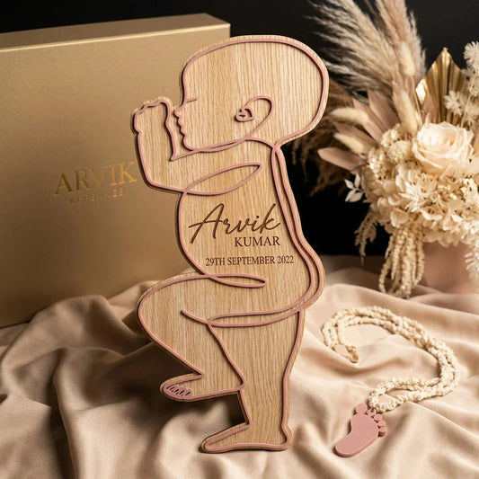 Baby Outline Birth Keepsake Plaque — Personalized Wooden Newborn Plaque — Baby Milestone Wooden Gift | Woodwaley