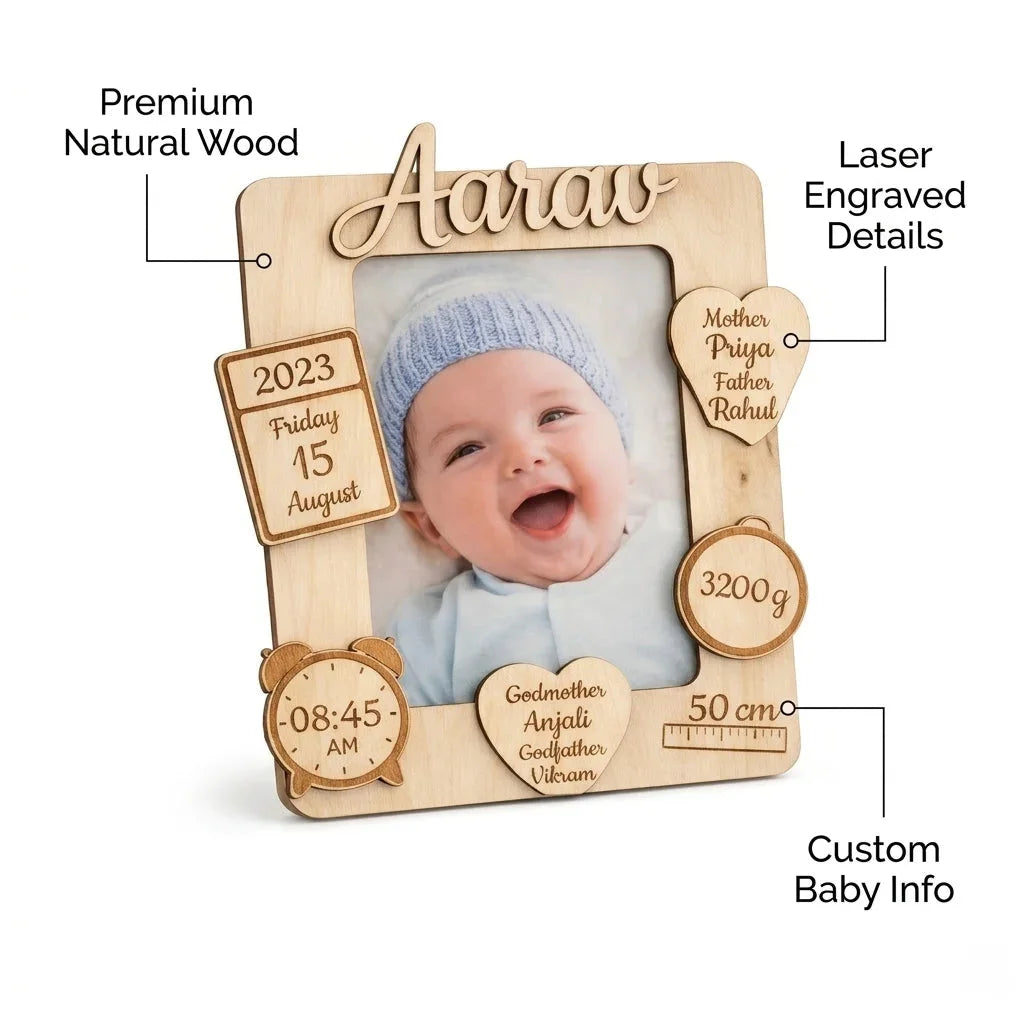 Baby Birth Details Photo Frame — Personalized Wooden Newborn Keepsake — Baby Milestone Wooden Gift | Woodwaley
