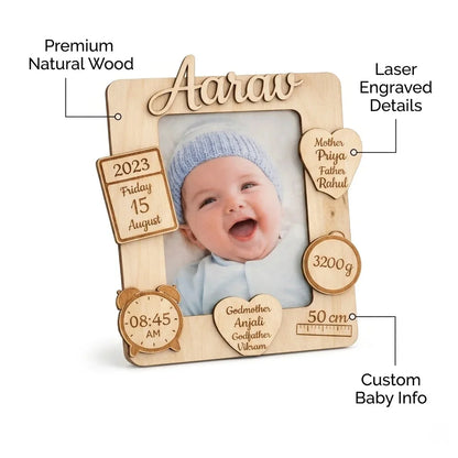 Baby Birth Details Photo Frame — Personalized Wooden Newborn Keepsake — Baby Milestone Wooden Gift | Woodwaley