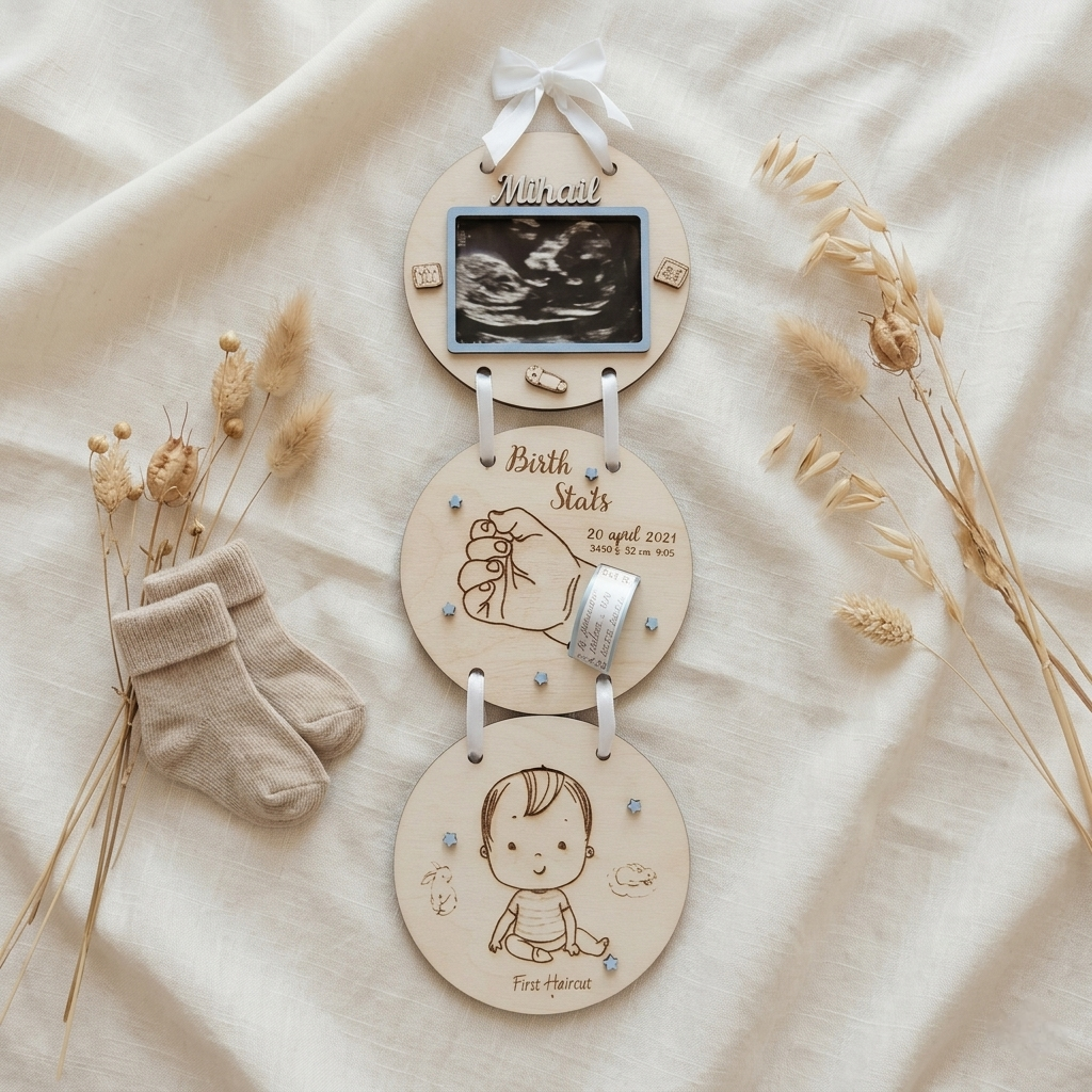 Wooden Birth Announcement Keepsake Plaque with Ultrasound Frame & First Haircut Holder